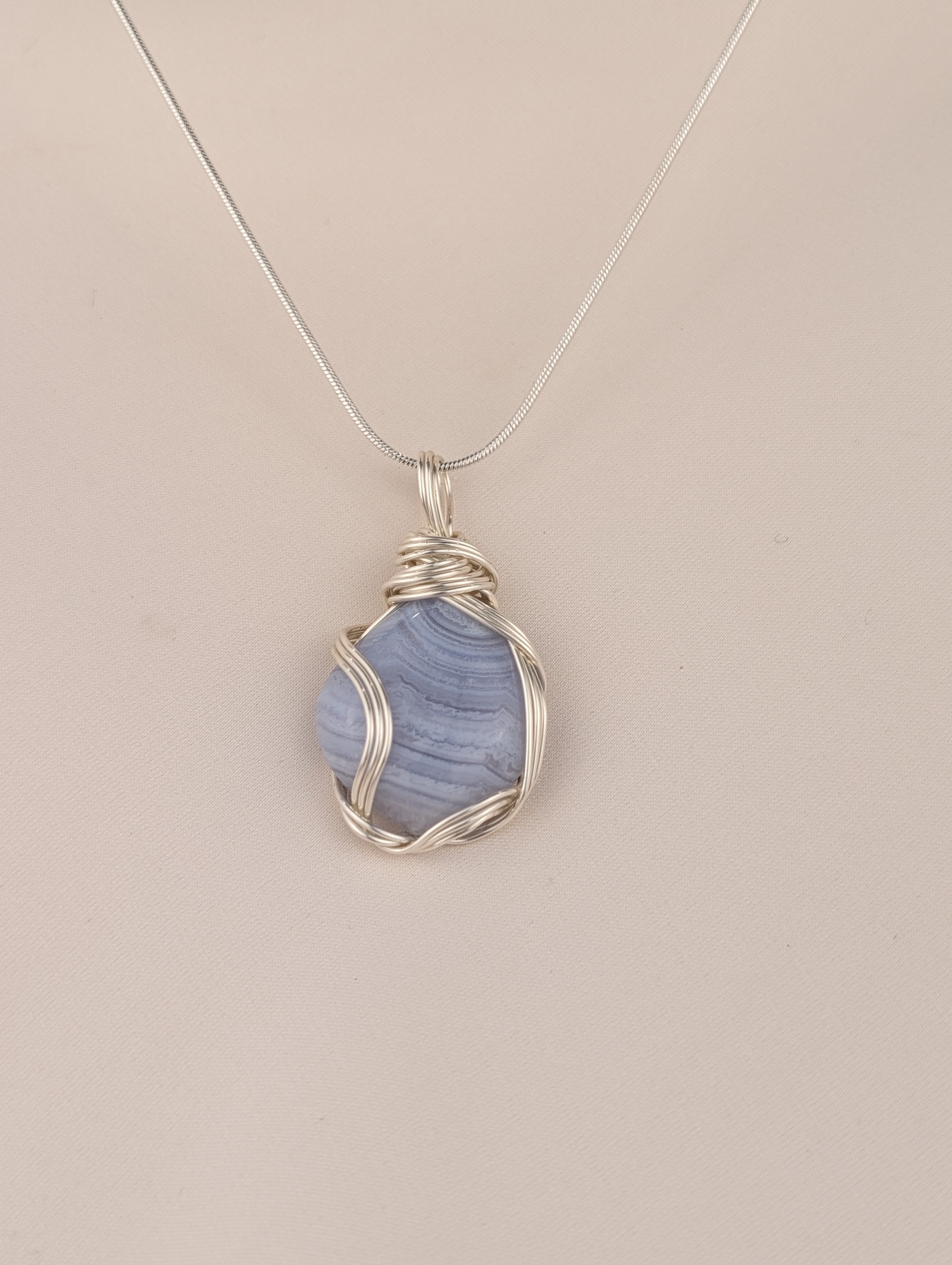 Blue Lace Agate Silver-Plated Copper Pendant