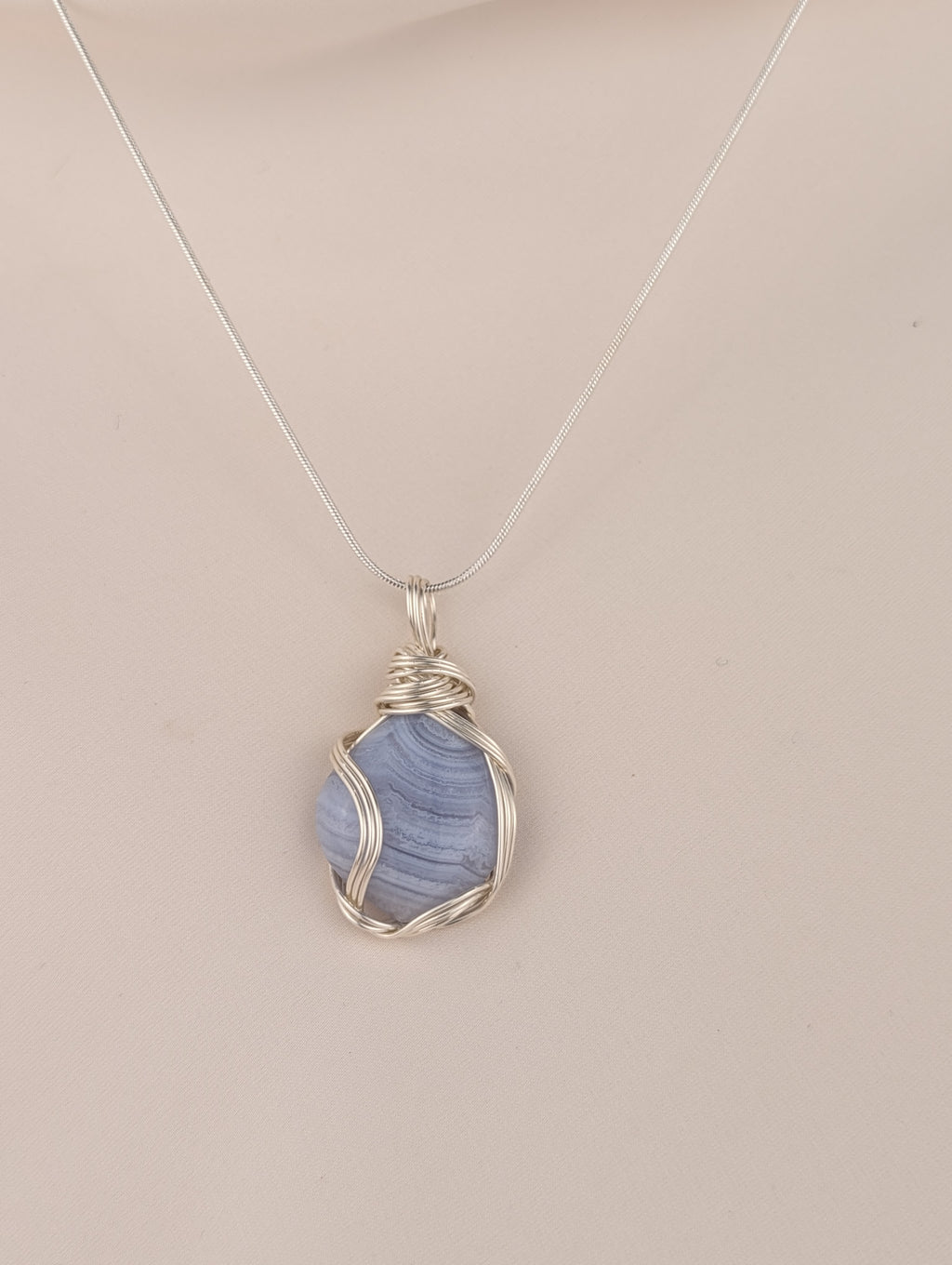Blue Lace Agate Silver-Plated Copper Pendant