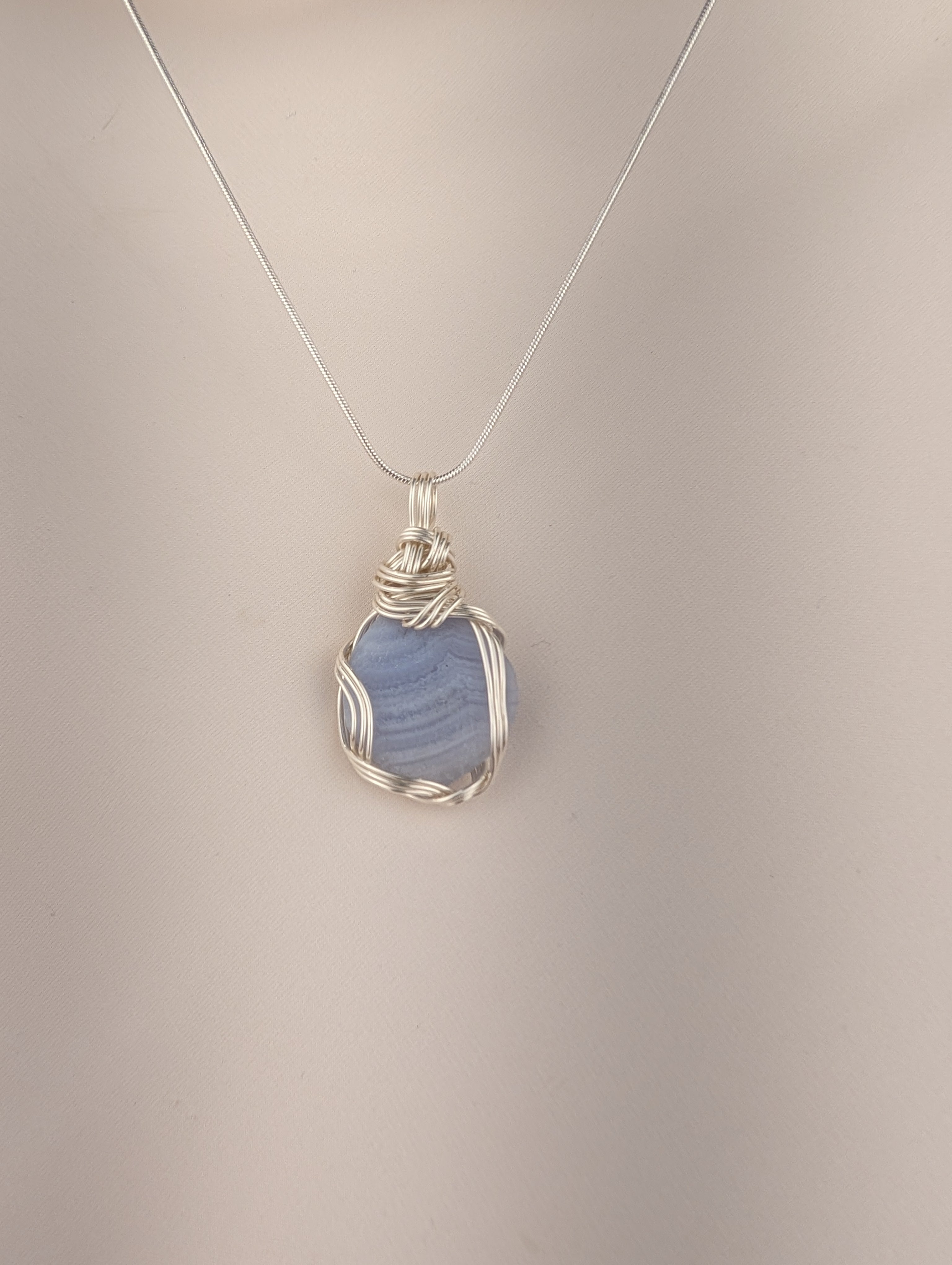 Blue Lace Agate Silver-Plated Copper Pendant